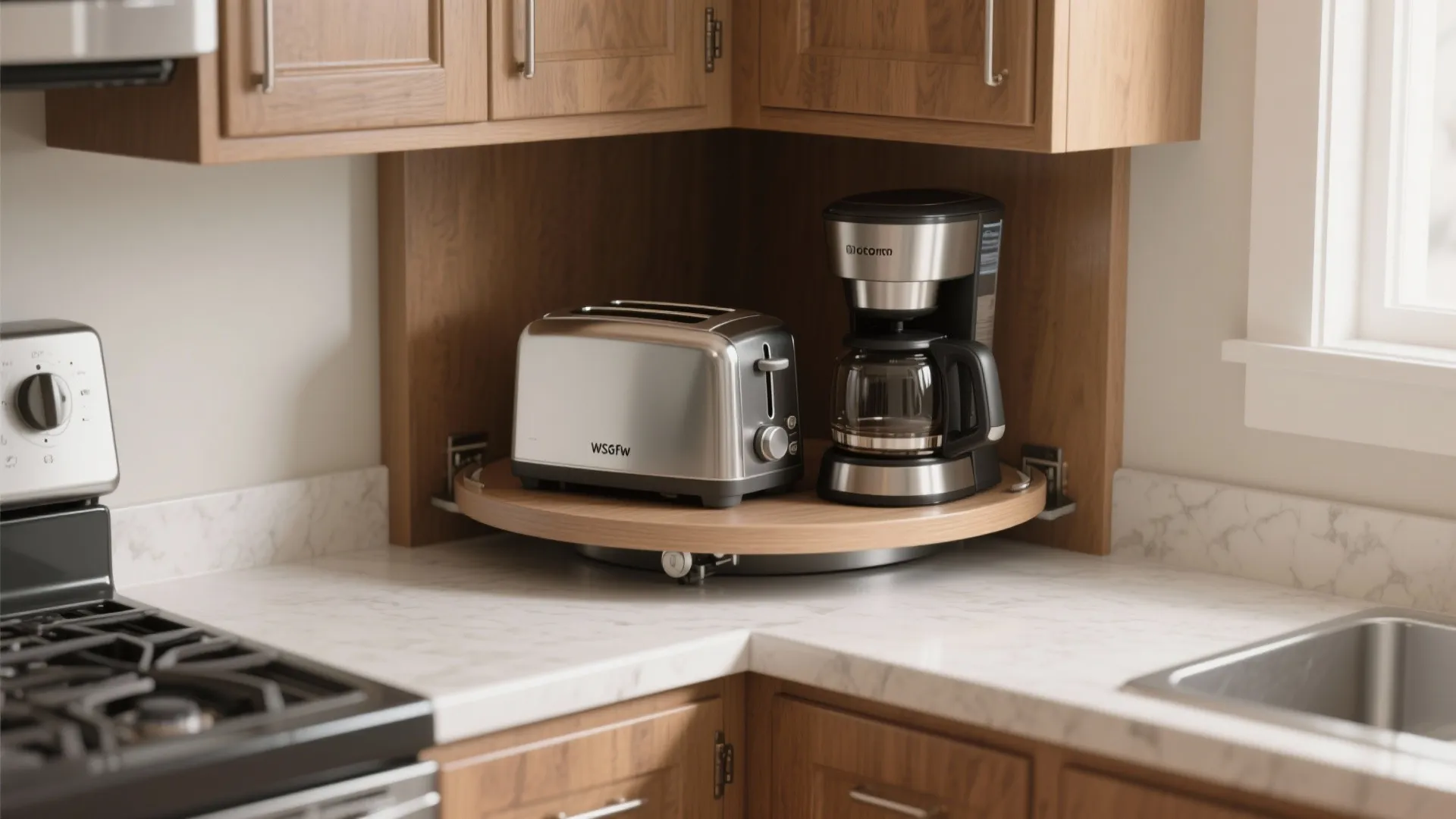 Kitchen corner storage with a rotating tray holding a silver toaster and black coffee maker