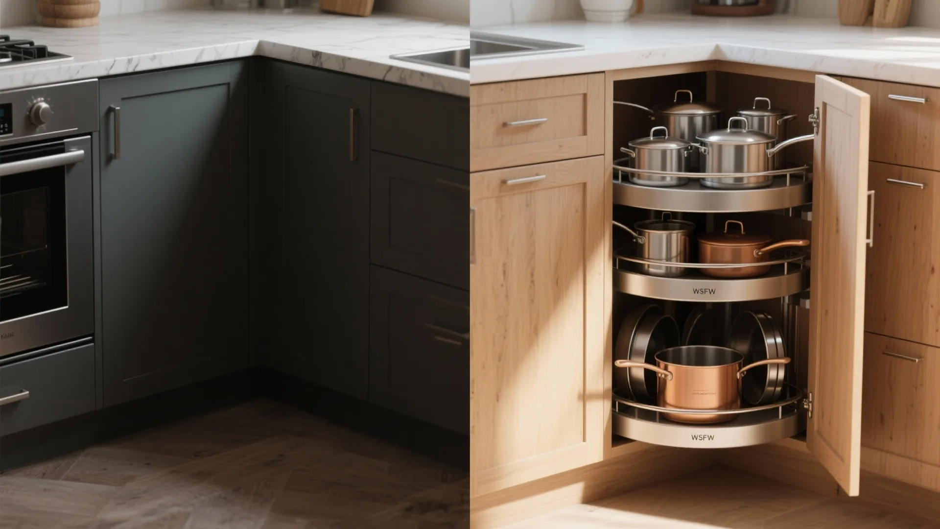 Before and after comparison of a dark corner cabinet versus an organized wood pullout carousel