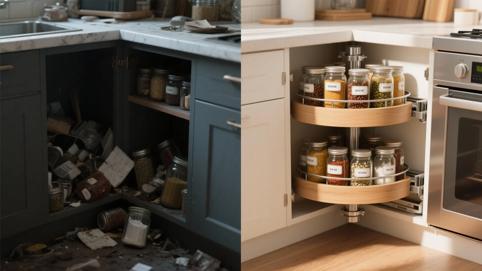 Before-and-after view of a kitchen corner transformed from cluttered to organized with a two-tier pull-out carousel.