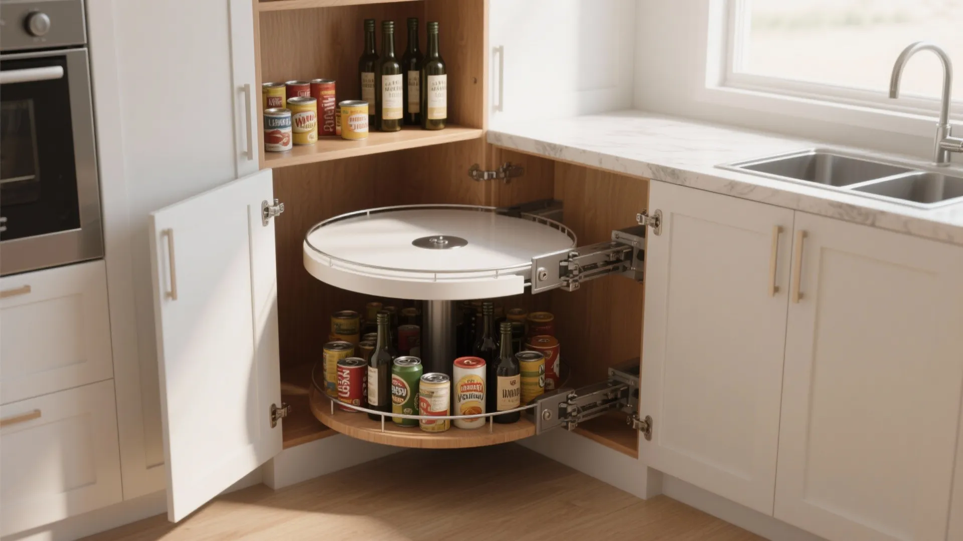 Kitchen corner cabinet showing white pull out rotating shelves with canned food and glass bottles