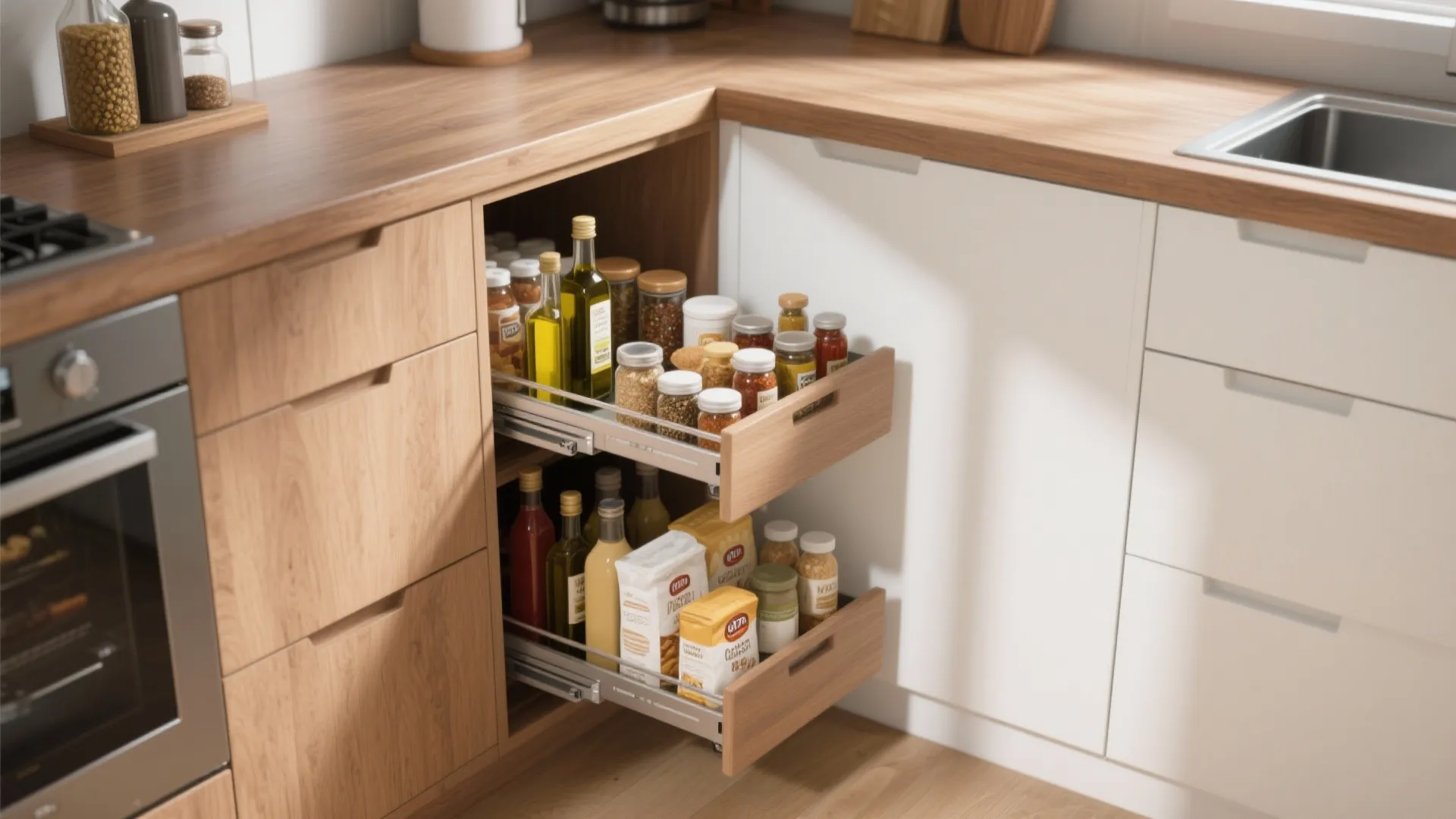 Kitchen corner cabinet with two-tier pull-out trays neatly storing spices and oils in a modern kitchen.