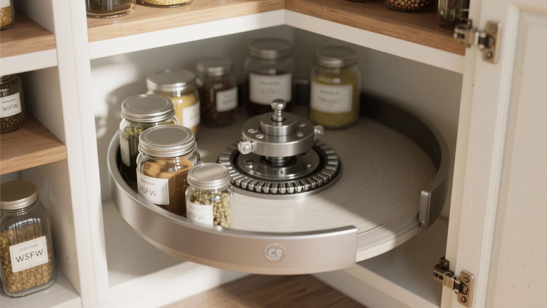 Rotating kitchen cabinet shelf holding glass spice jars in a corner unit for easy storage access