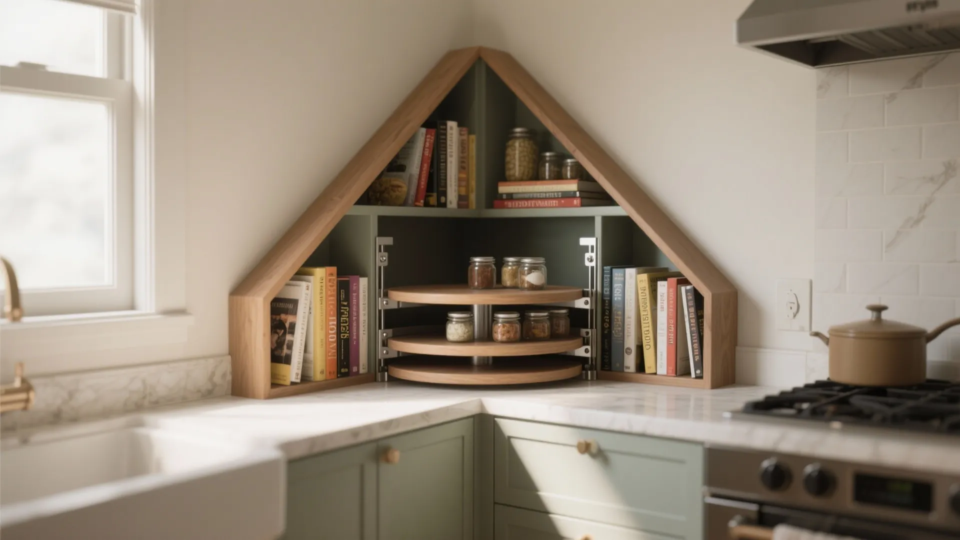 A triangular wooden corner shelf with spinning storage for jars and books on kitchen counter