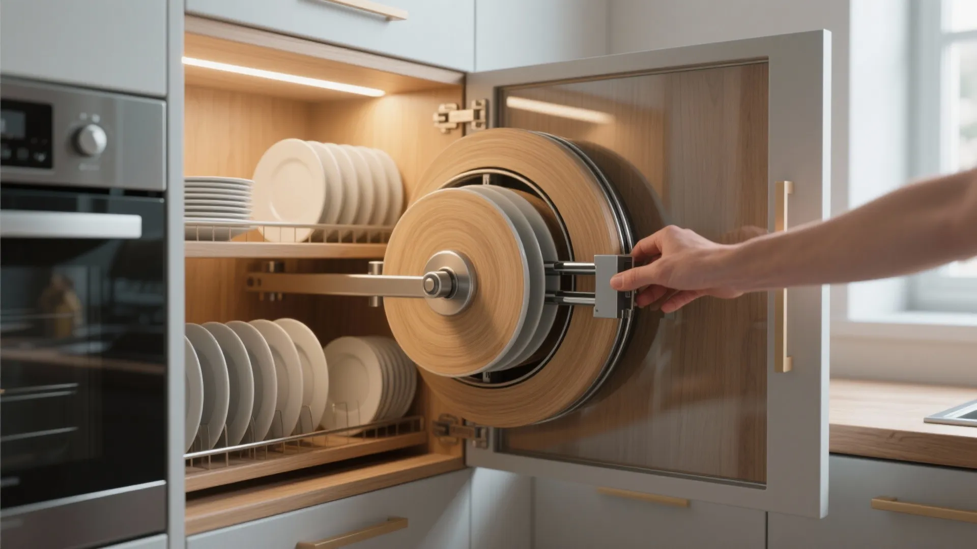 Hand pulling out a round wooden rotating shelf from a kitchen cabinet filled with plates