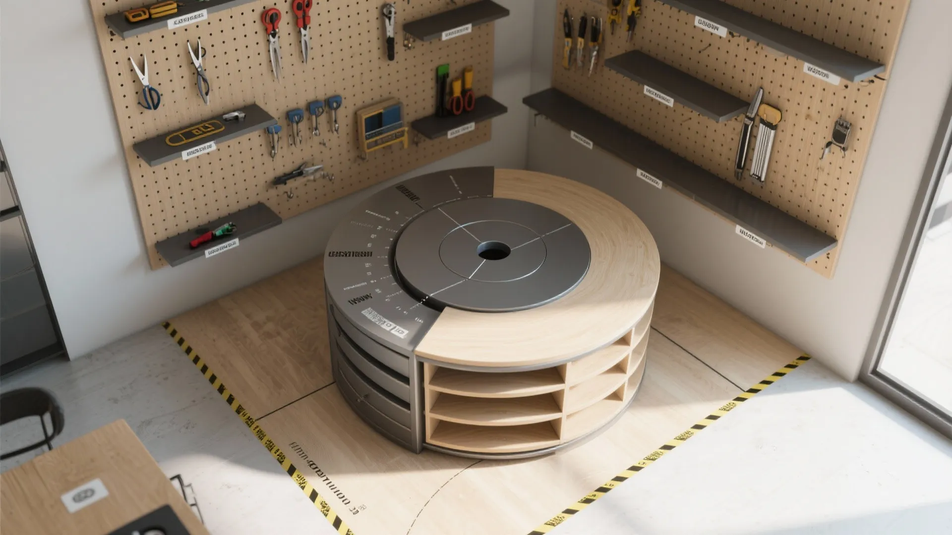 Top-down layout of a corner lazy Susan carousel with adjacent pegboard and measured footprint for a craft nook.