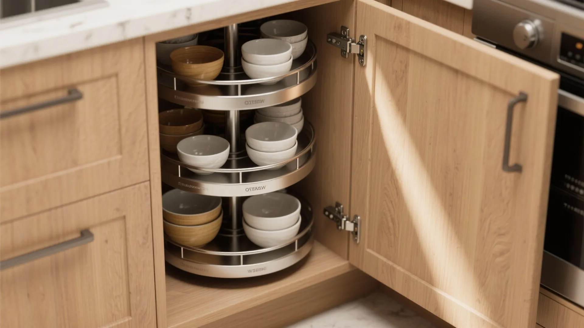 Open wooden kitchen corner cabinet with three tier rotating metal rack holding several ceramic bowls
