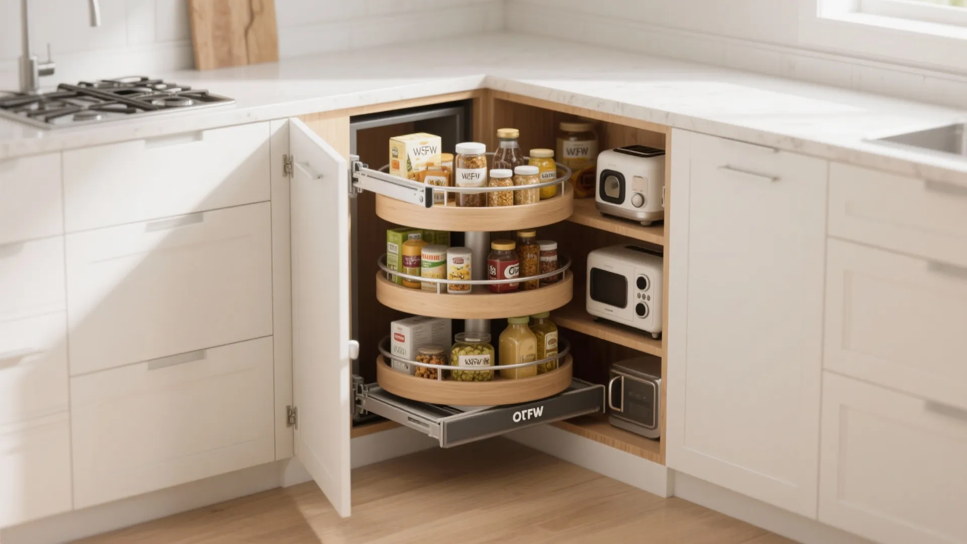 Corner pull-out carousel to tame the blind corner