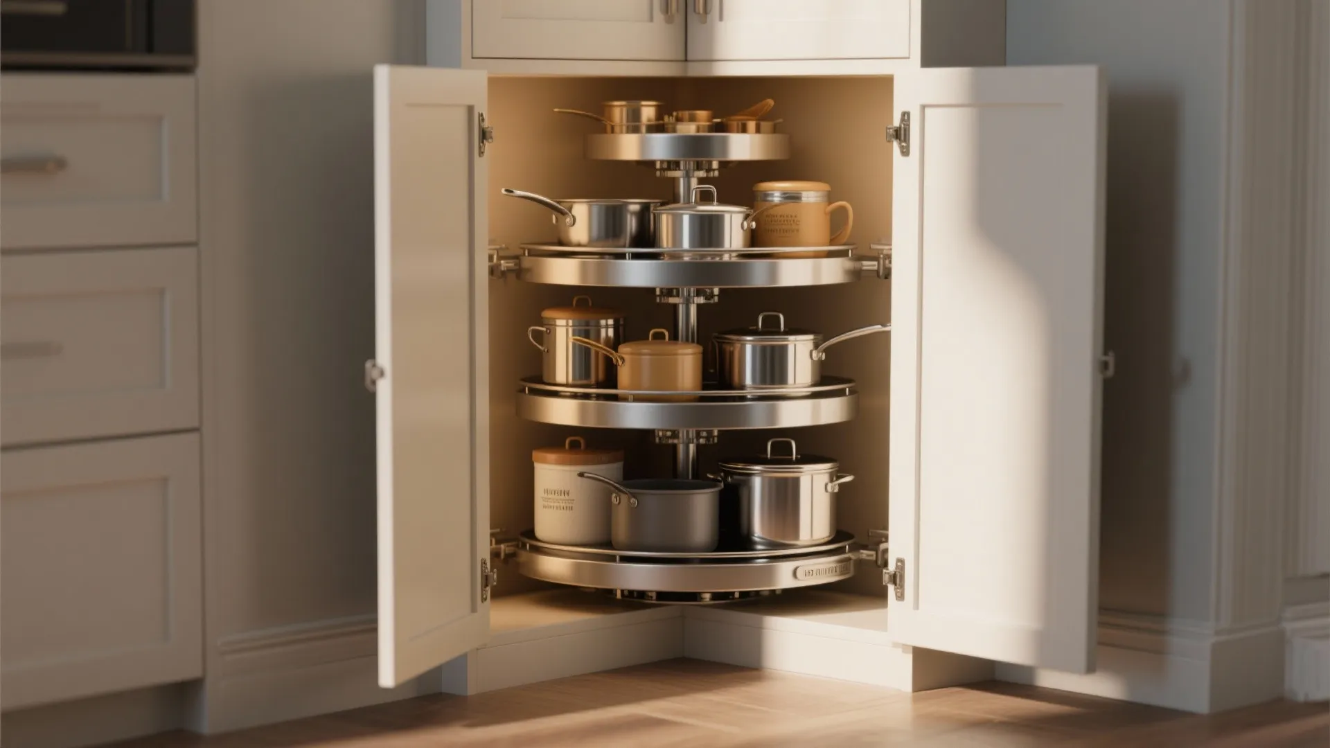 Open corner cabinet with a multi-tier carousel holding cookware and containers.