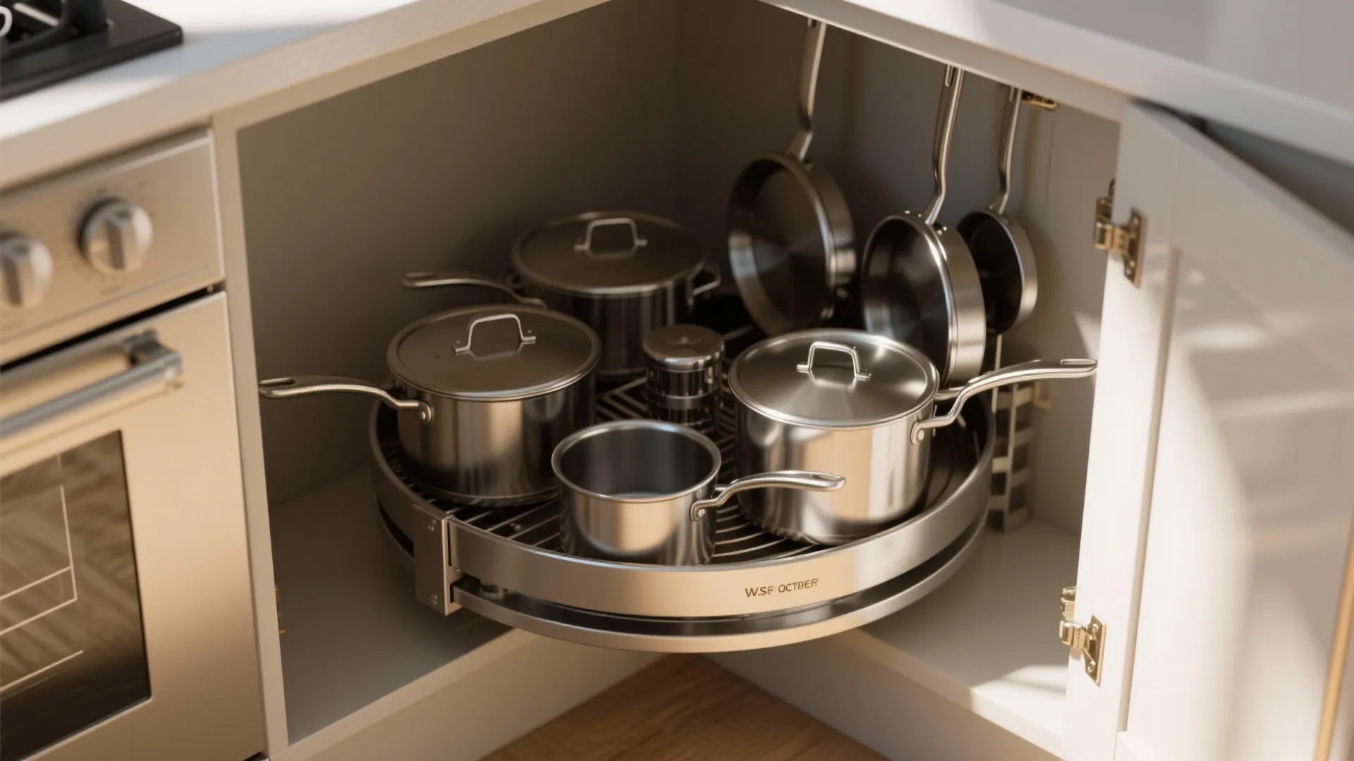 Rotating metal kitchen corner cabinet shelf holding silver pots and pans in a modern kitchen
