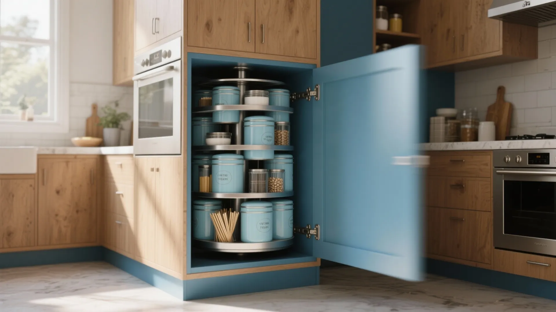 Modern blue kitchen cabinet with rotating storage shelves holding blue jars and wood grain panels