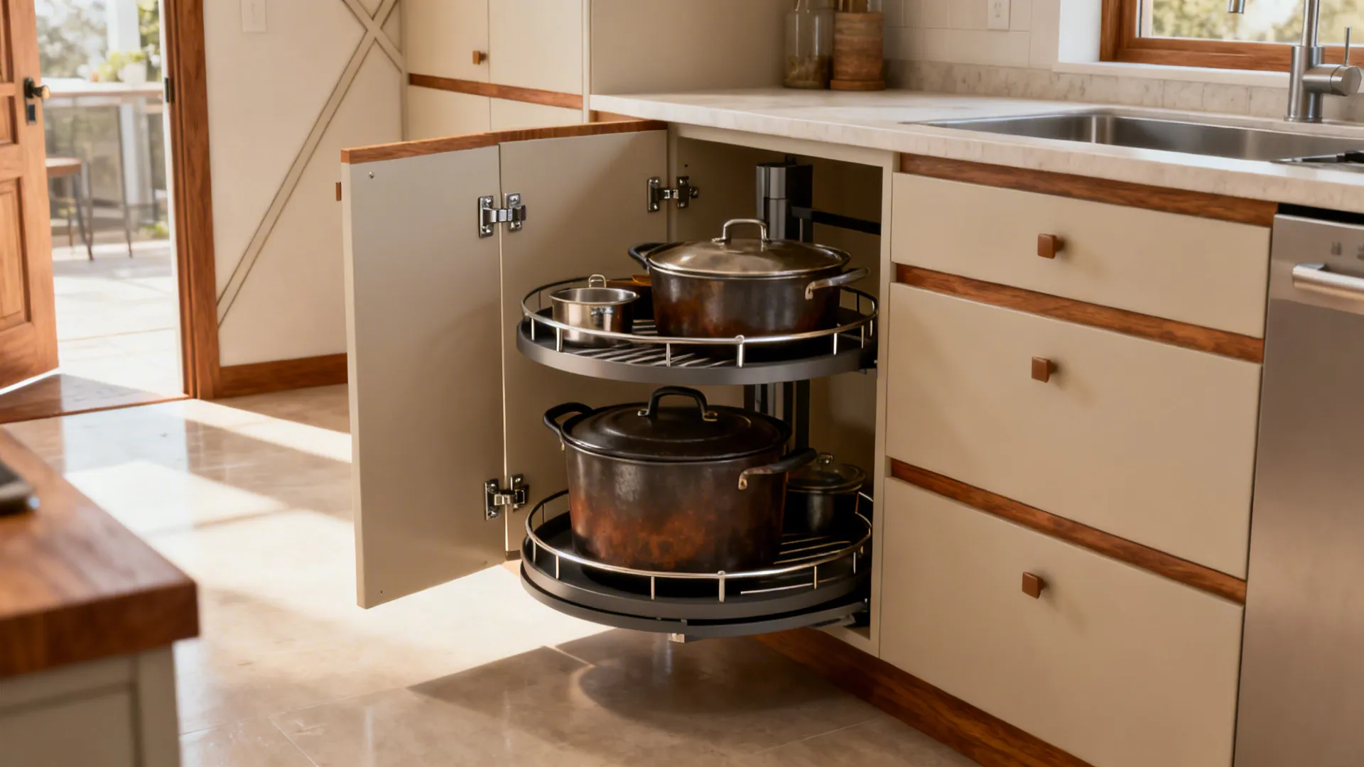Open corner kitchen cabinet showing a rotating storage rack with metal pots and wooden door