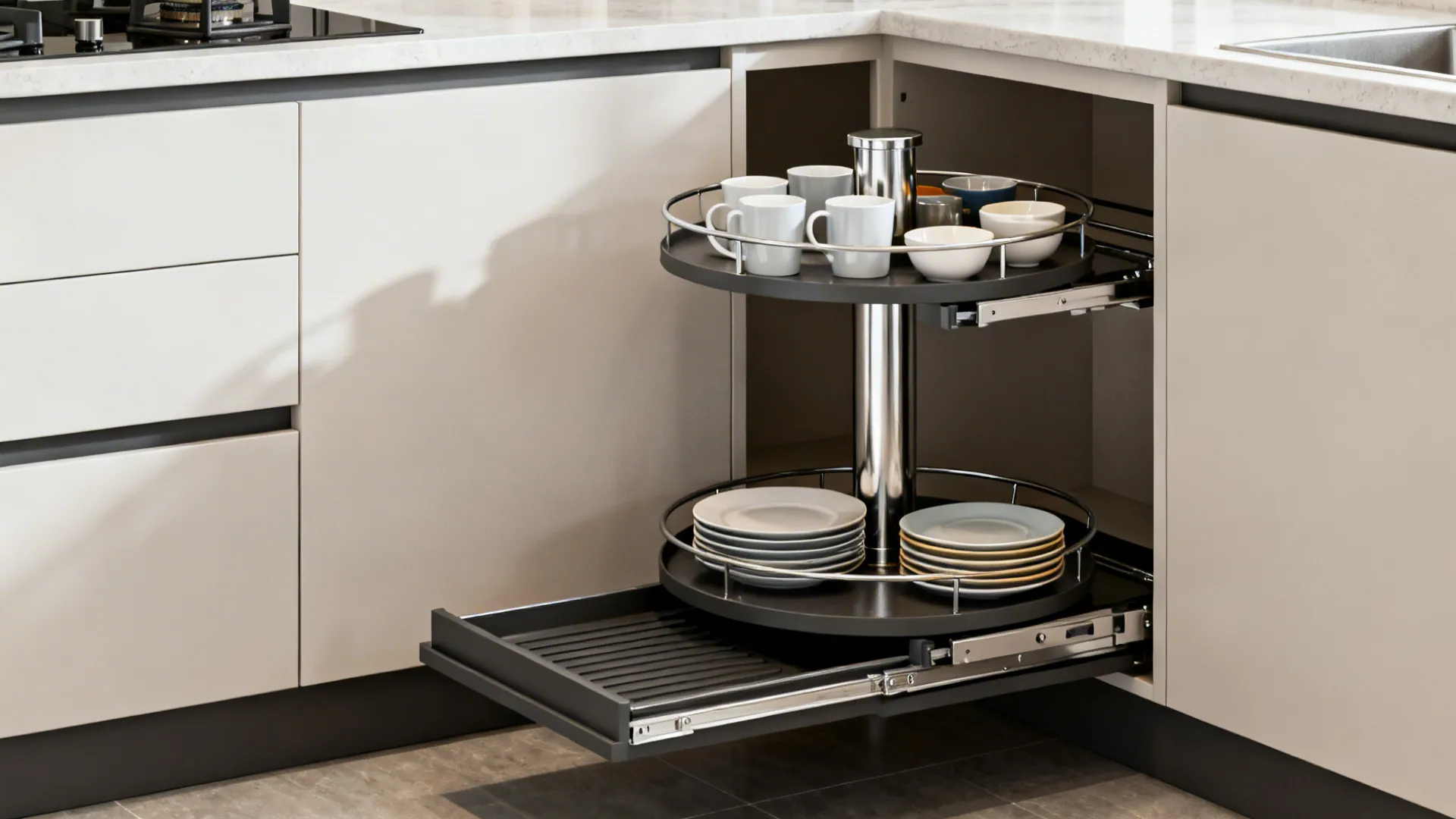 Corner kitchen cabinet with a two-tier carousel extended holding cups and plates.