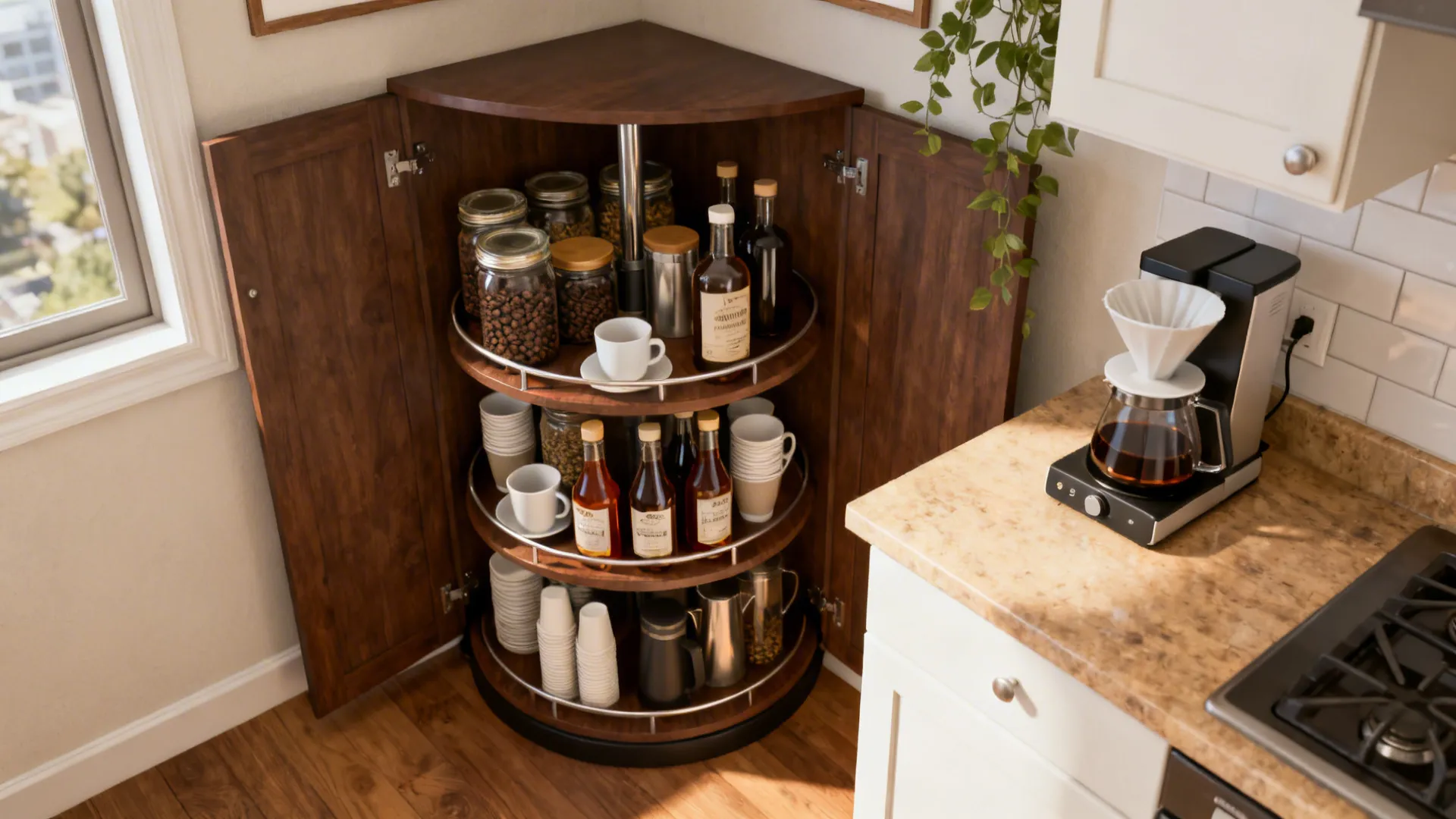 Corner carousel coffee bar with lazy Susan shelves storing coffee supplies in a small kitchen