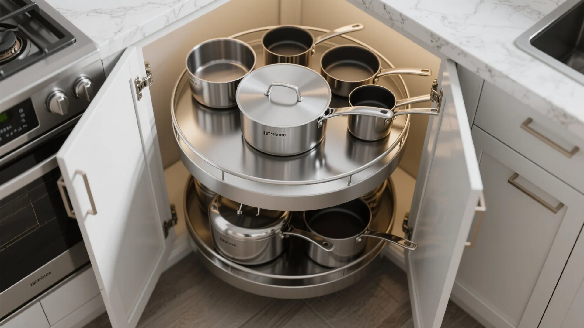 Corner kitchen cabinet with rotating metal shelves holding stainless steel pots and pans for storage