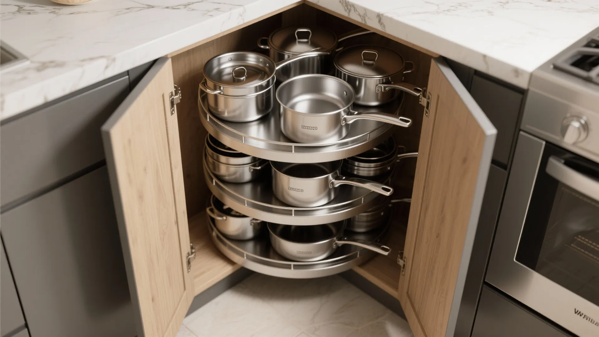 Modern grey corner kitchen cabinet with rotating metal shelves storing various stainless steel cooking pots