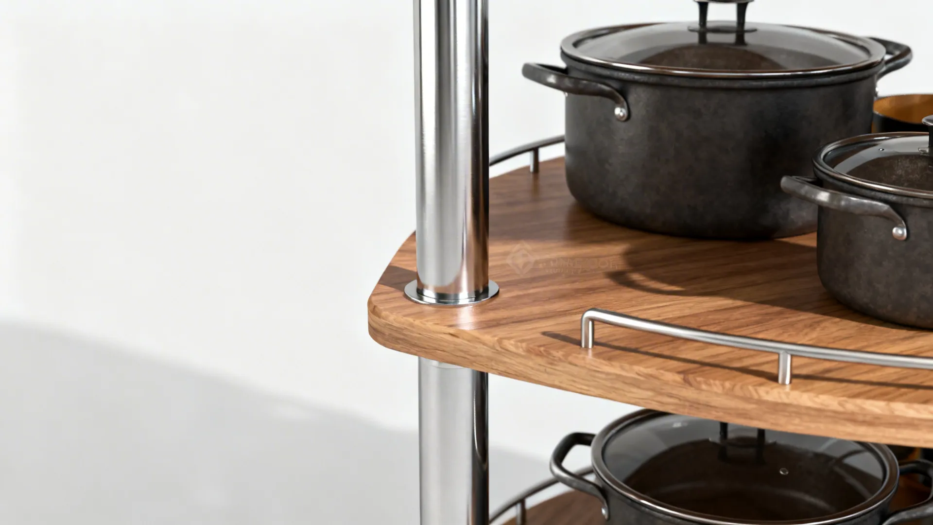 Macro close-up of a corner lazy Susan carousel with pots for easy access.