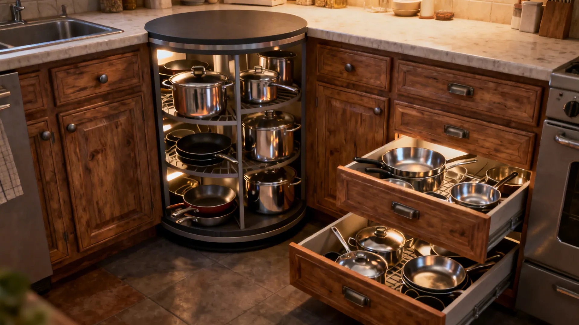 L-shaped kitchen corner with a rotating carousel and deep organized drawer stacks