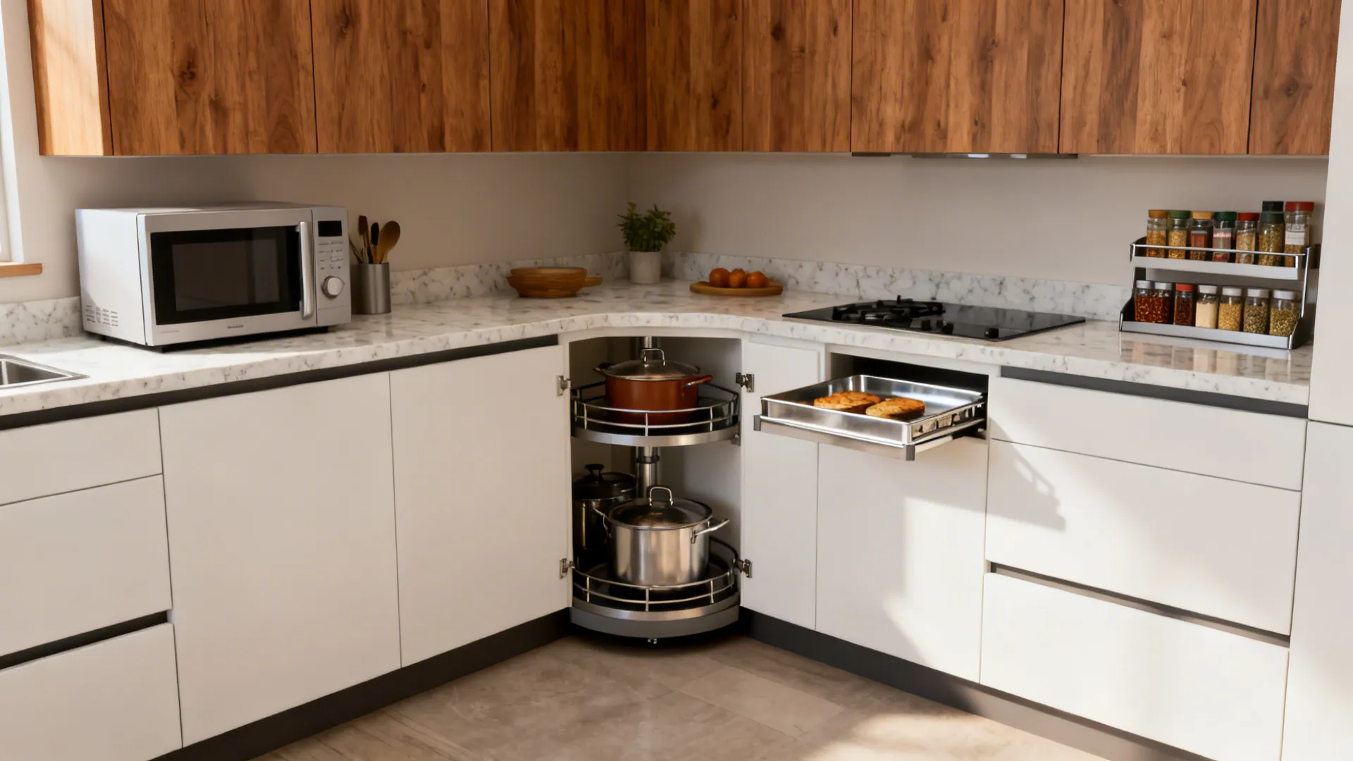 L-shaped corner with a carousel cabinet, adjacent microwave, and pull-out spice rack creating a landing zone.