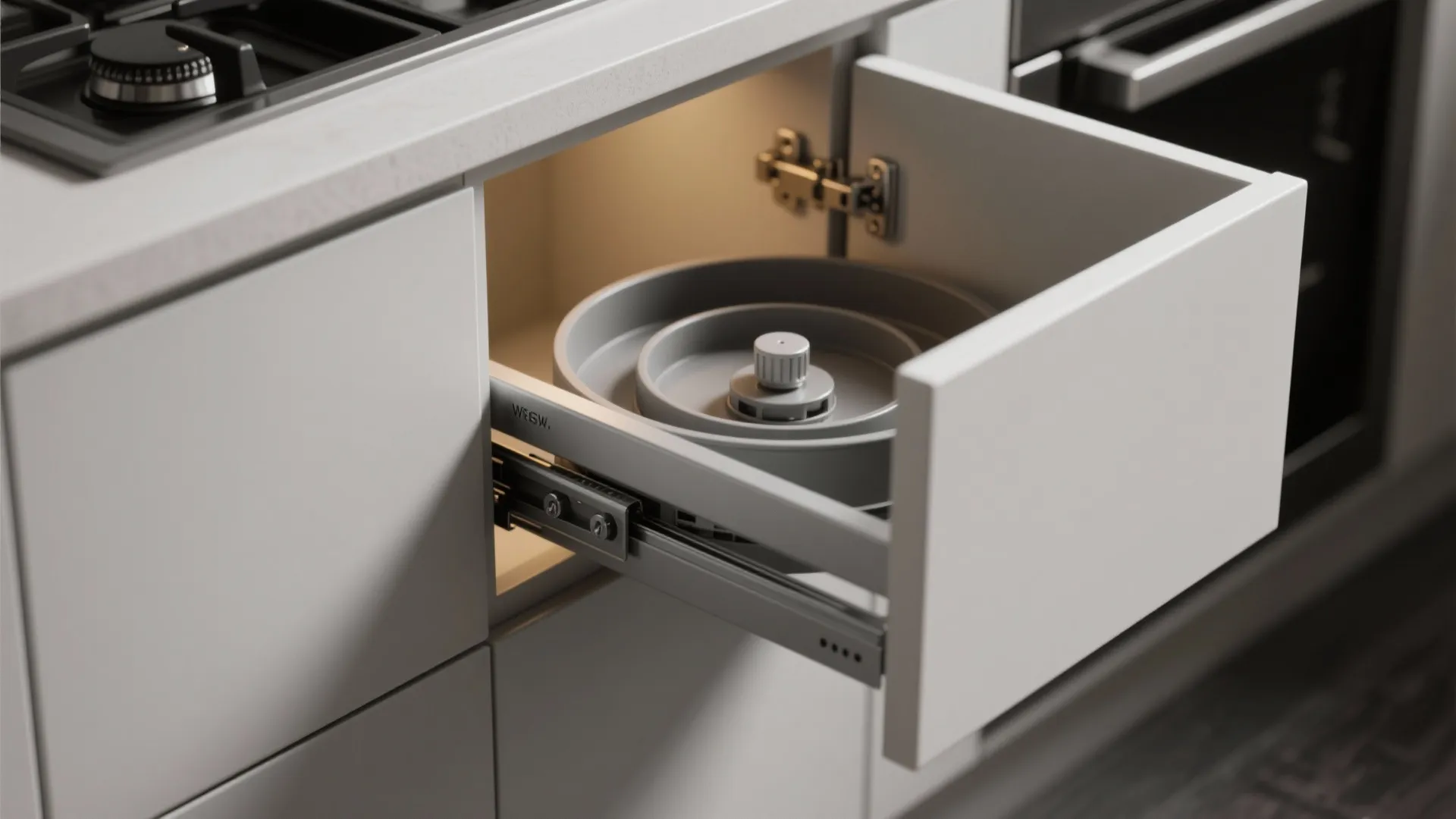 Close up of an open white kitchen drawer showing internal storage shelf and metal sliding rails