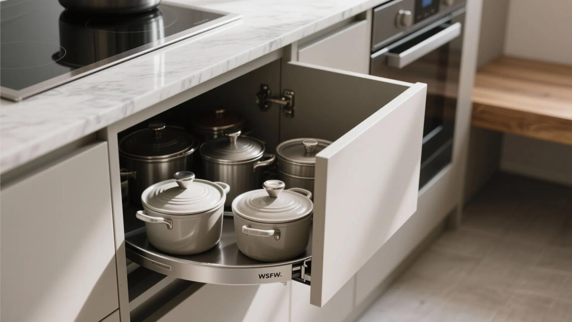 Lower kitchen cabinet with a pull out rotating shelf storing several grey and silver cooking pots