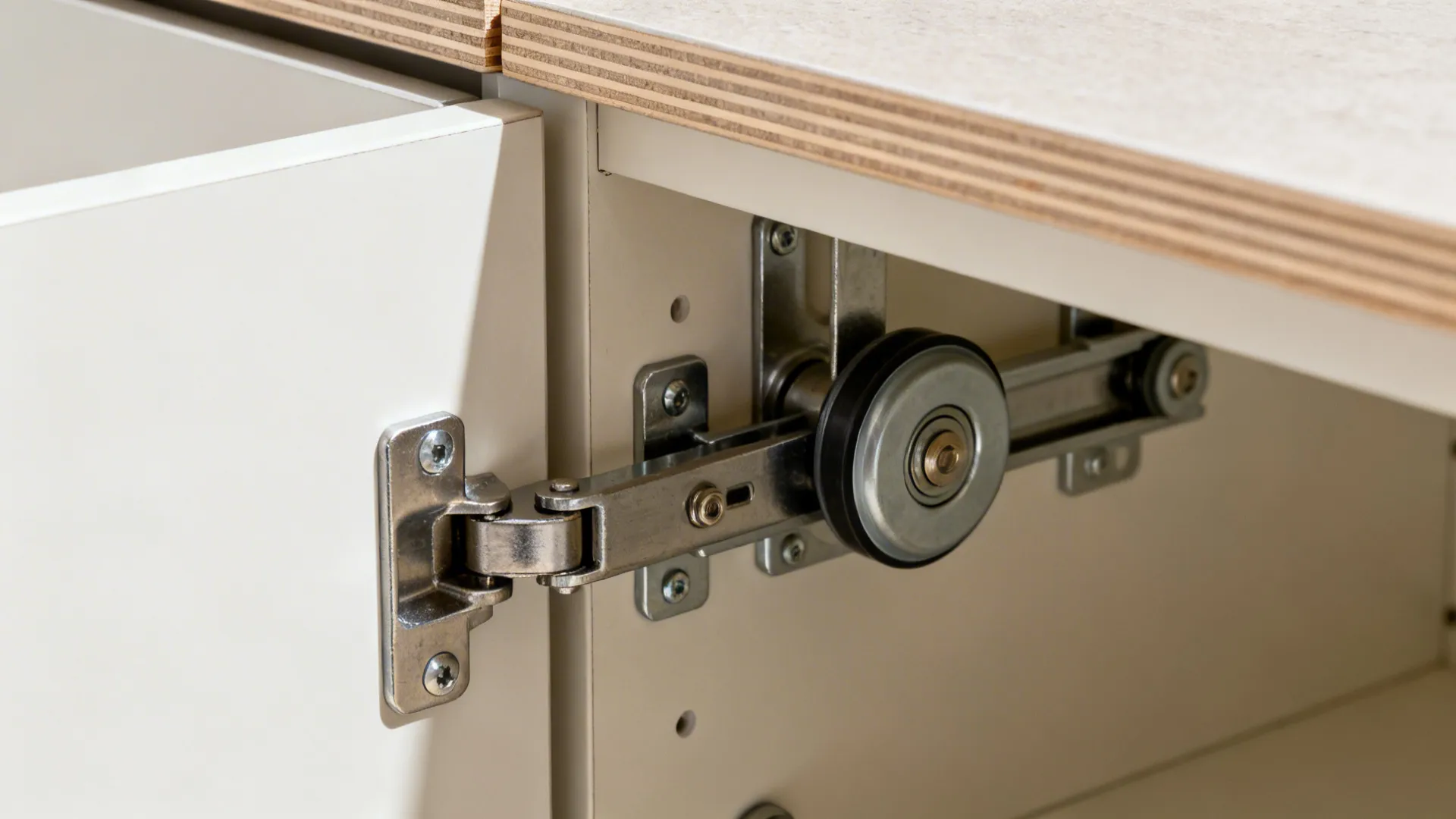 Close up of a metal cabinet door hinge and sliding mechanism installed on white kitchen furniture