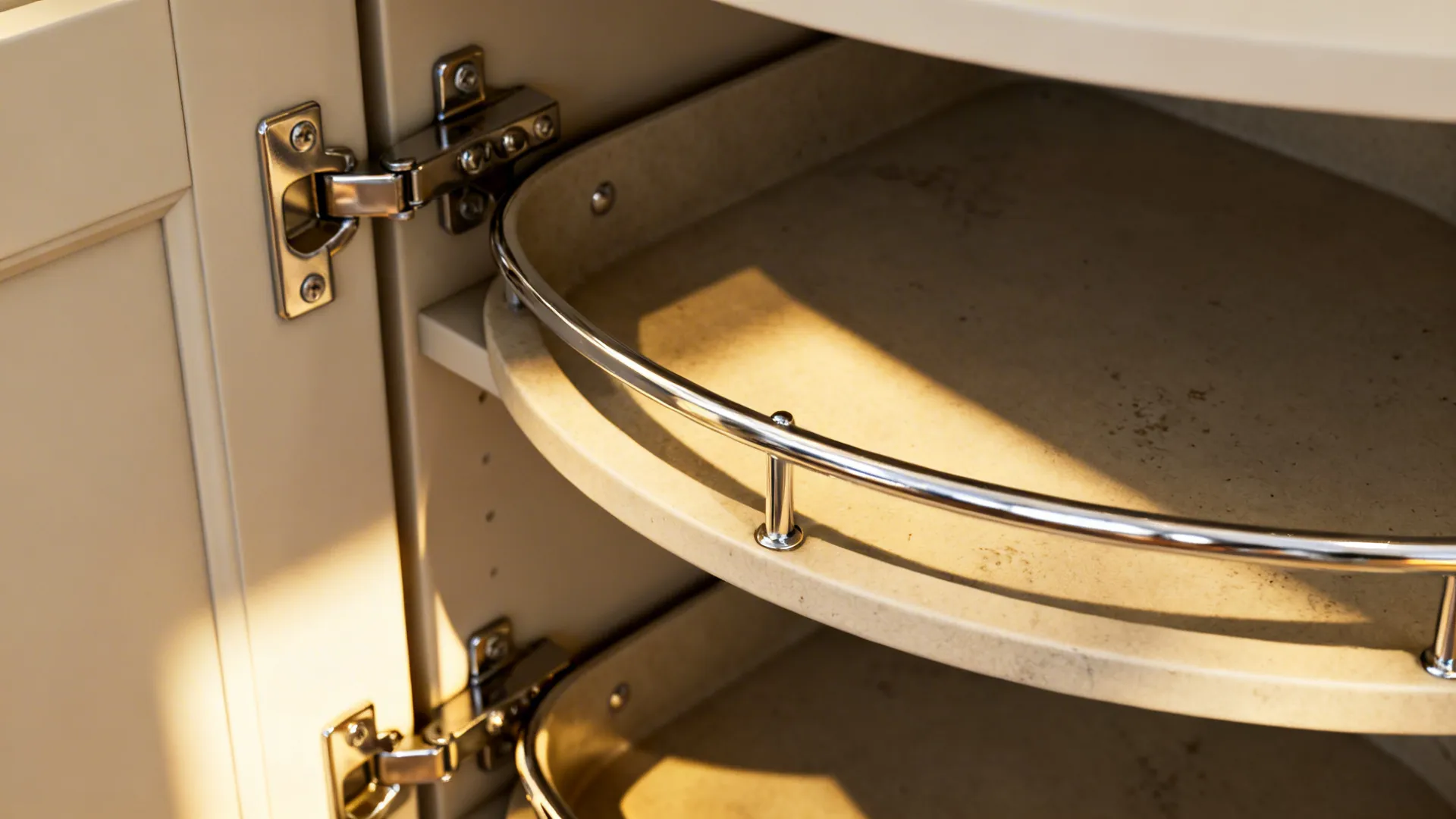 Close up of a rotating kitchen corner shelf with metal rails inside a cream cabinet