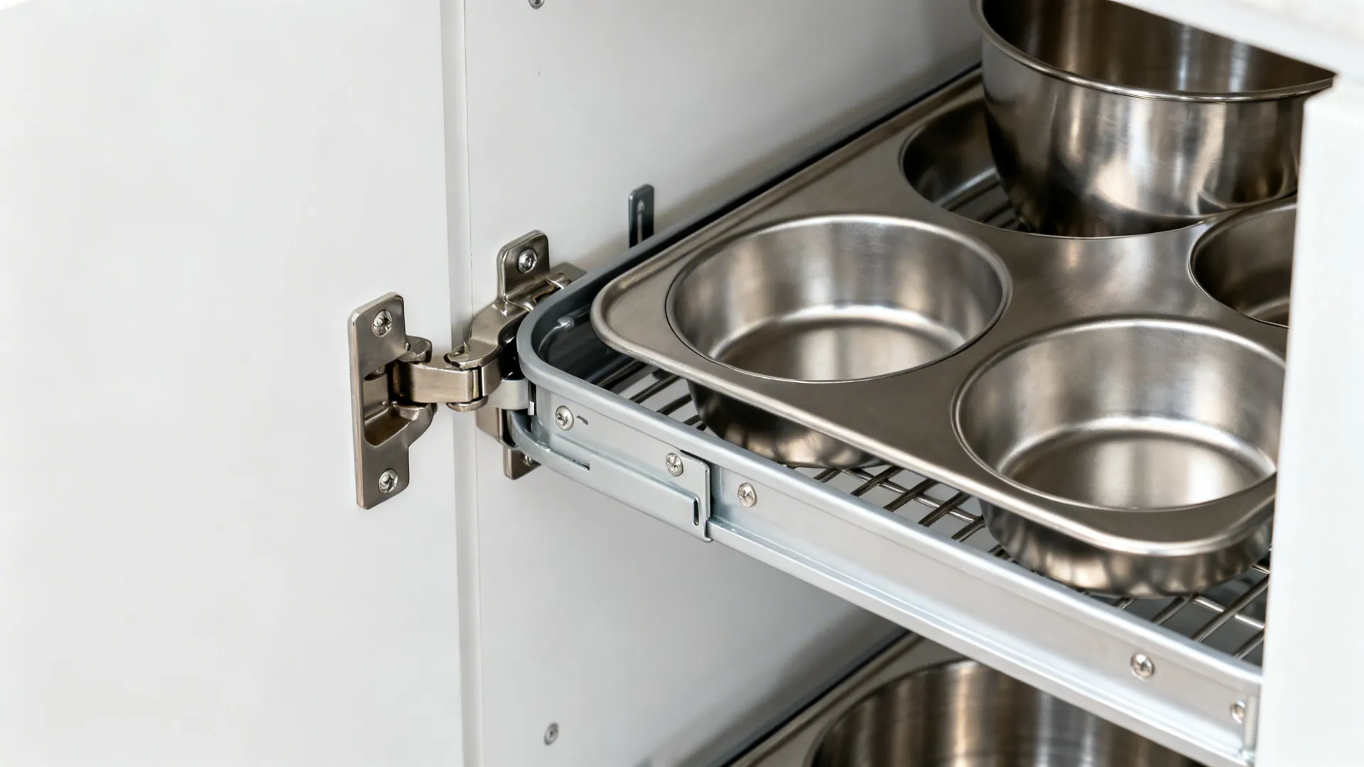 Macro detail of a stainless corner kidney carousel holding round pots inside a cabinet.