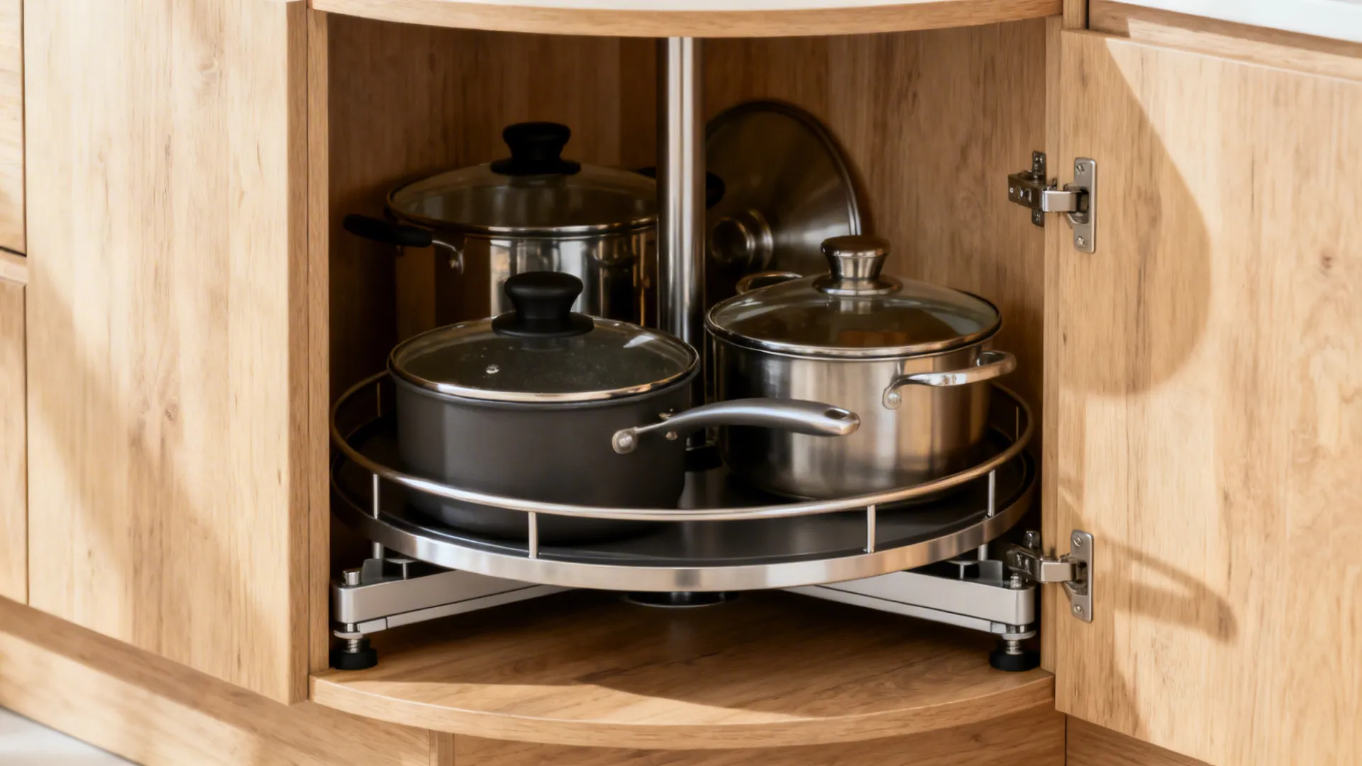 Macro of a corner cabinet carousel with organized cookware in a light oak interior.