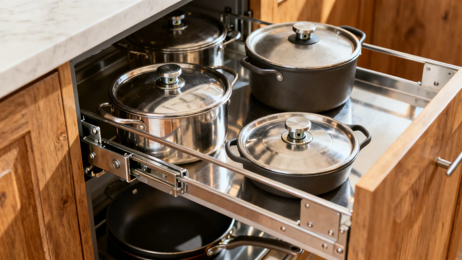 Macro of a kitchen corner carousel with steel trays and organized cookware.