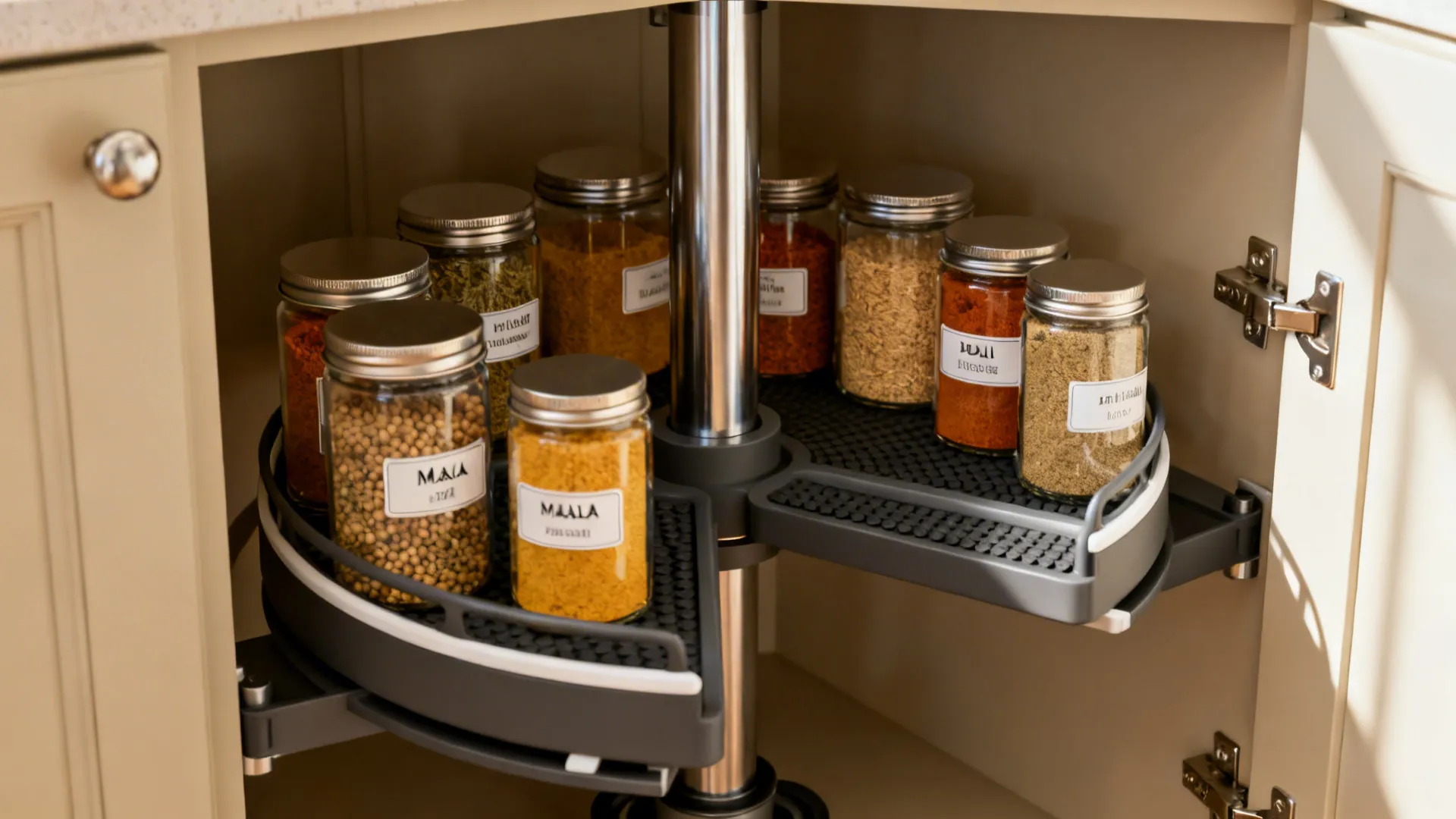 Rotating corner cabinet shelf storing multiple glass jars of spices and seasonings in modern kitchen