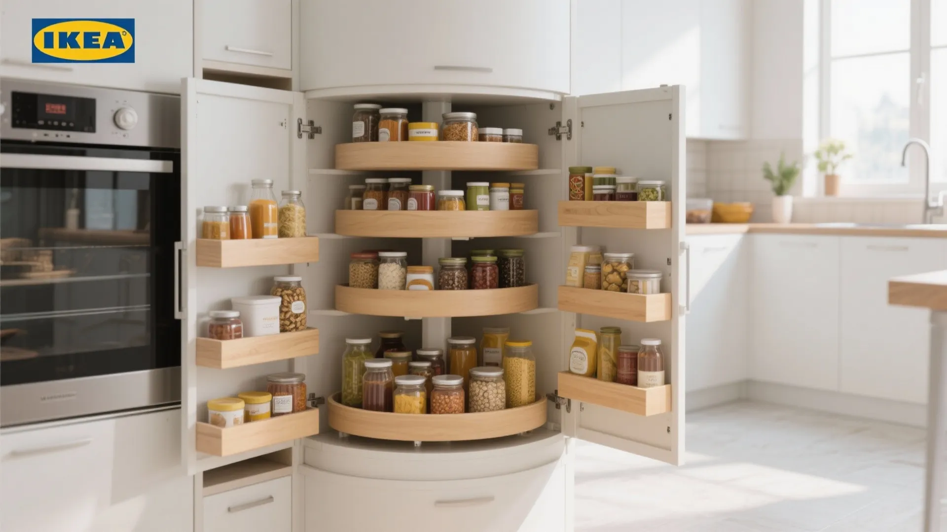 Modern white kitchen cabinet with open doors and rotating wood shelves filled with many jars