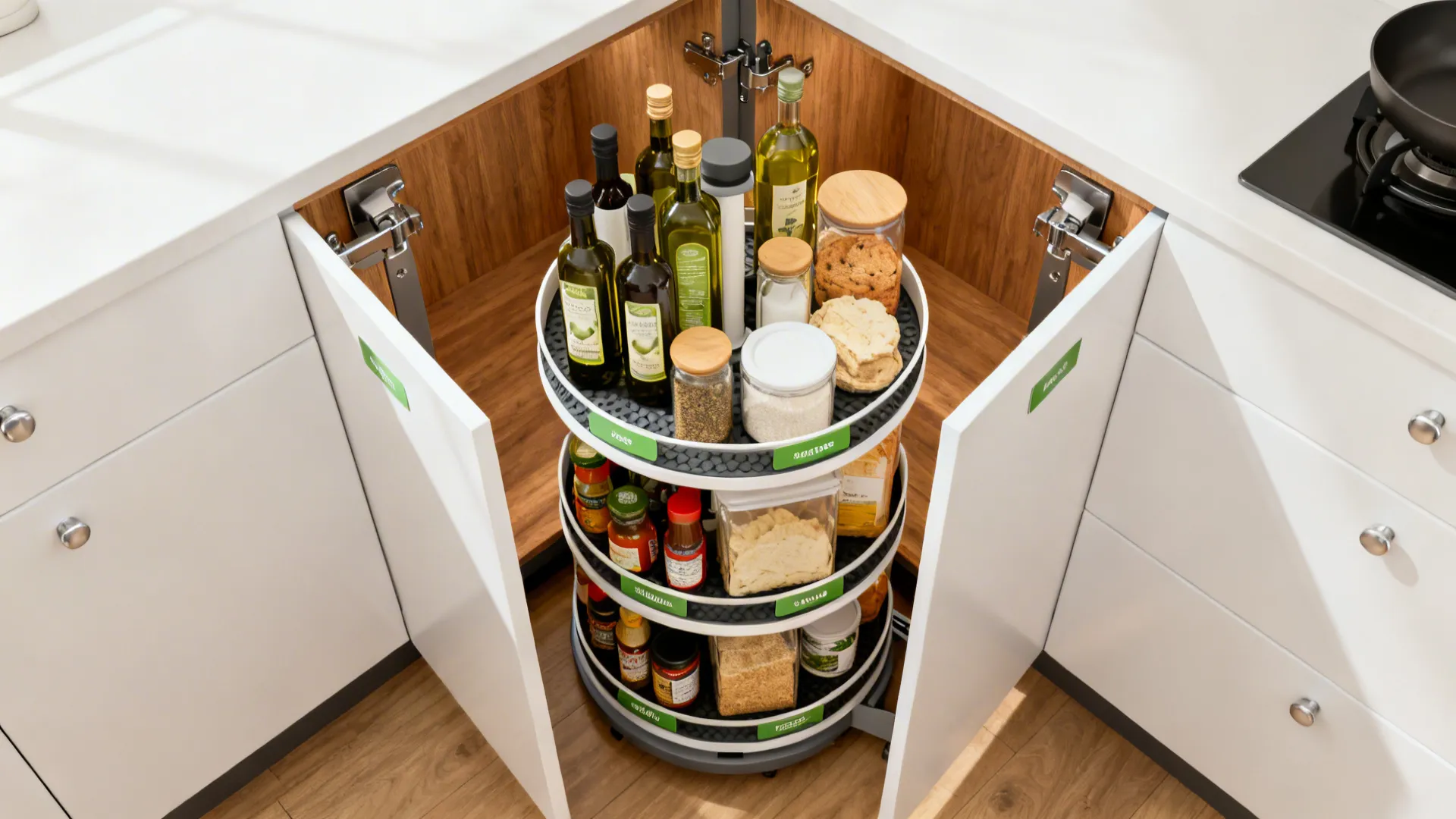 Top-down view of a corner cabinet with rotating carousel shelves organized by category.