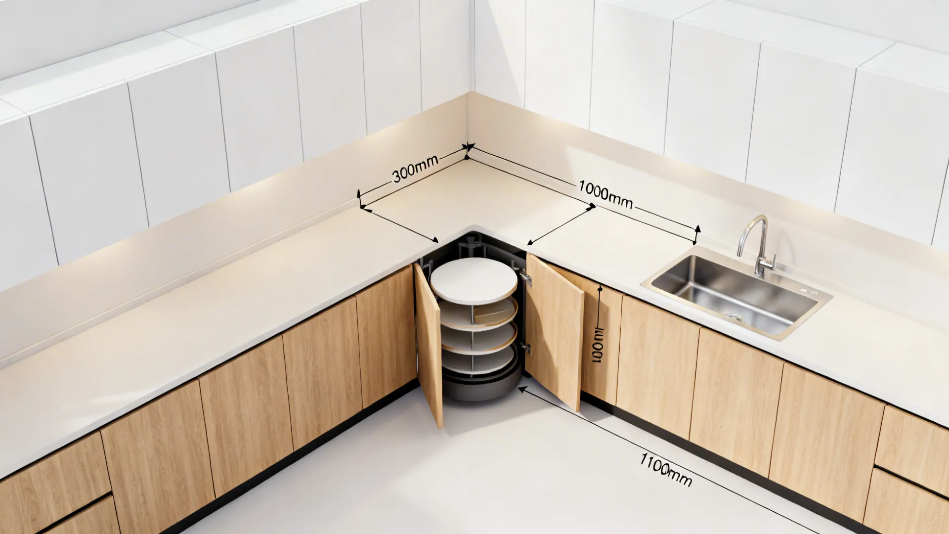 Interior design drawing of kitchen corner cabinets showing wooden doors and revolving storage shelf dimensions