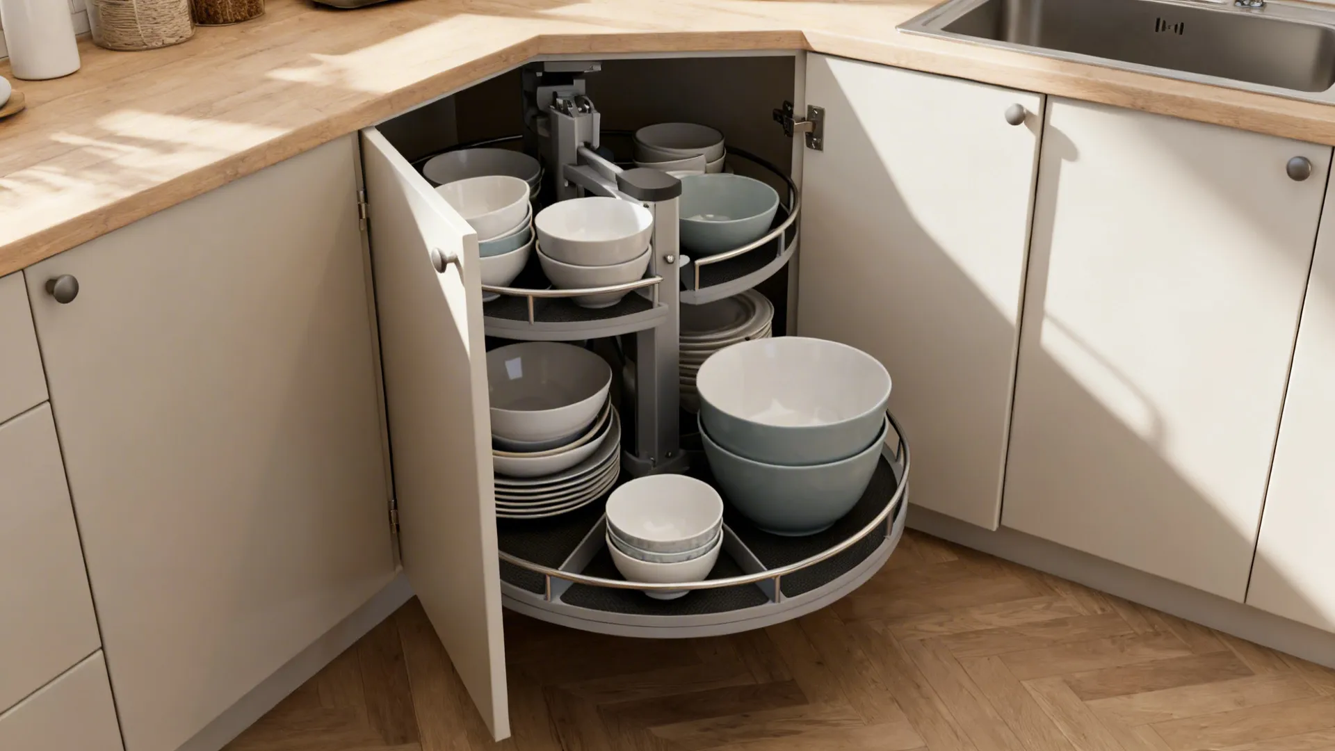 Corner base cabinet with a 3/4 carousel extended, storing bowls and serveware with non-slip liners.
