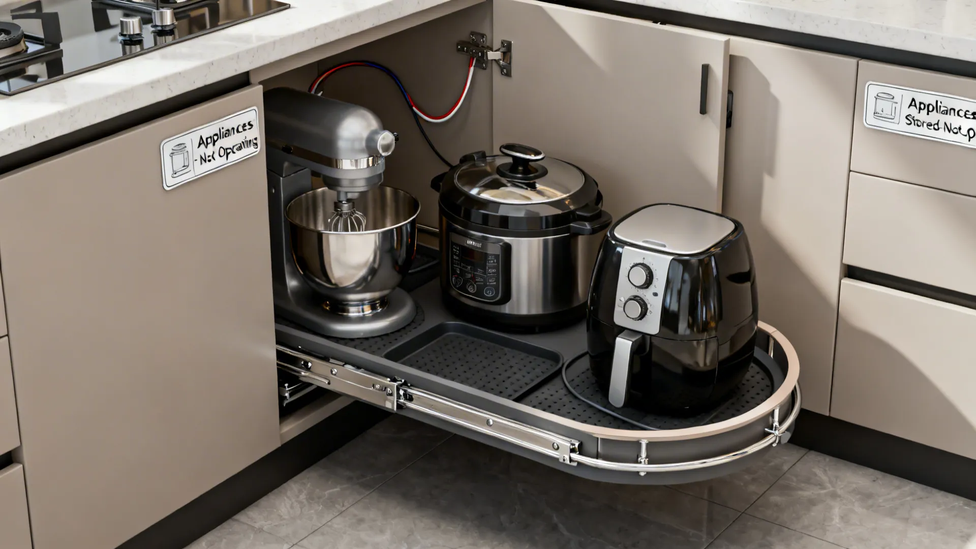 Corner base cabinet with a 3/4 carousel storing small appliances and routed cords.