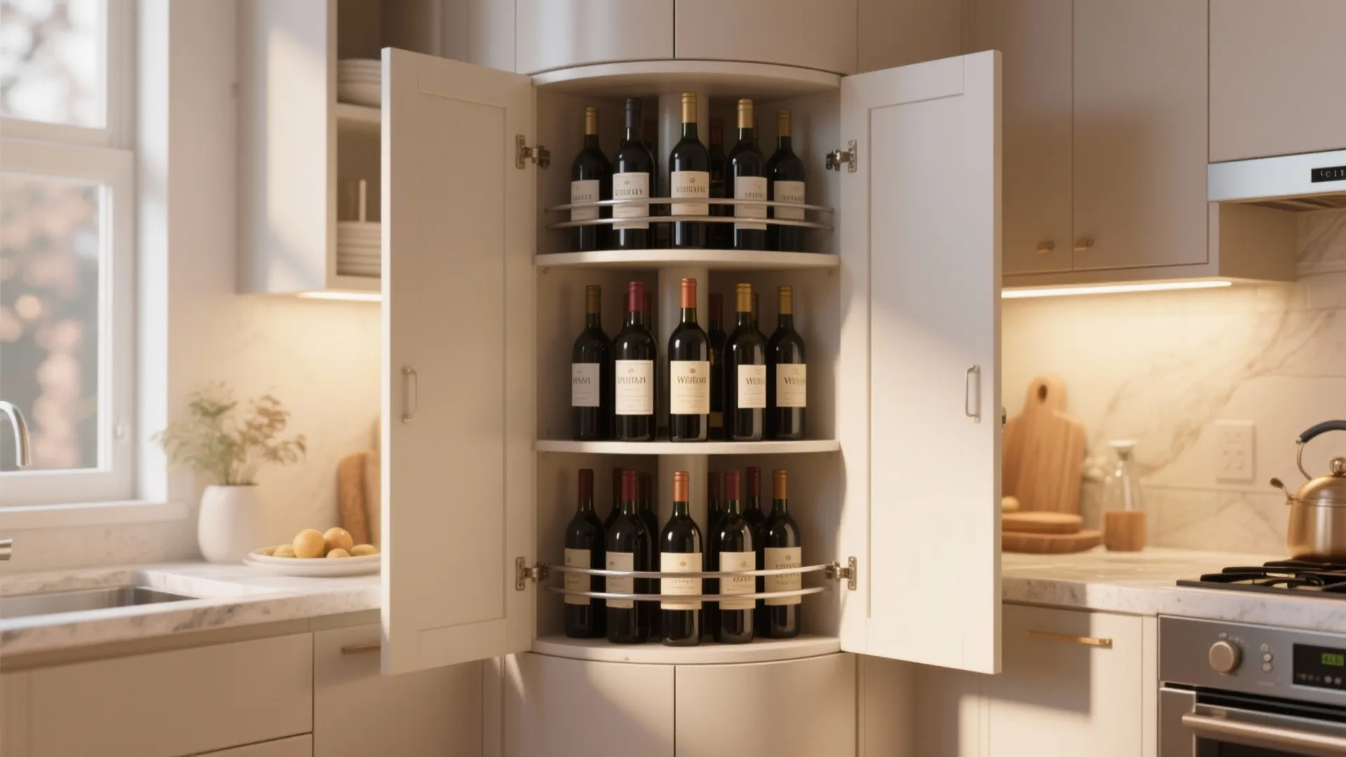 A rotating corner kitchen cabinet shelf filled with many wine bottles in a modern kitchen