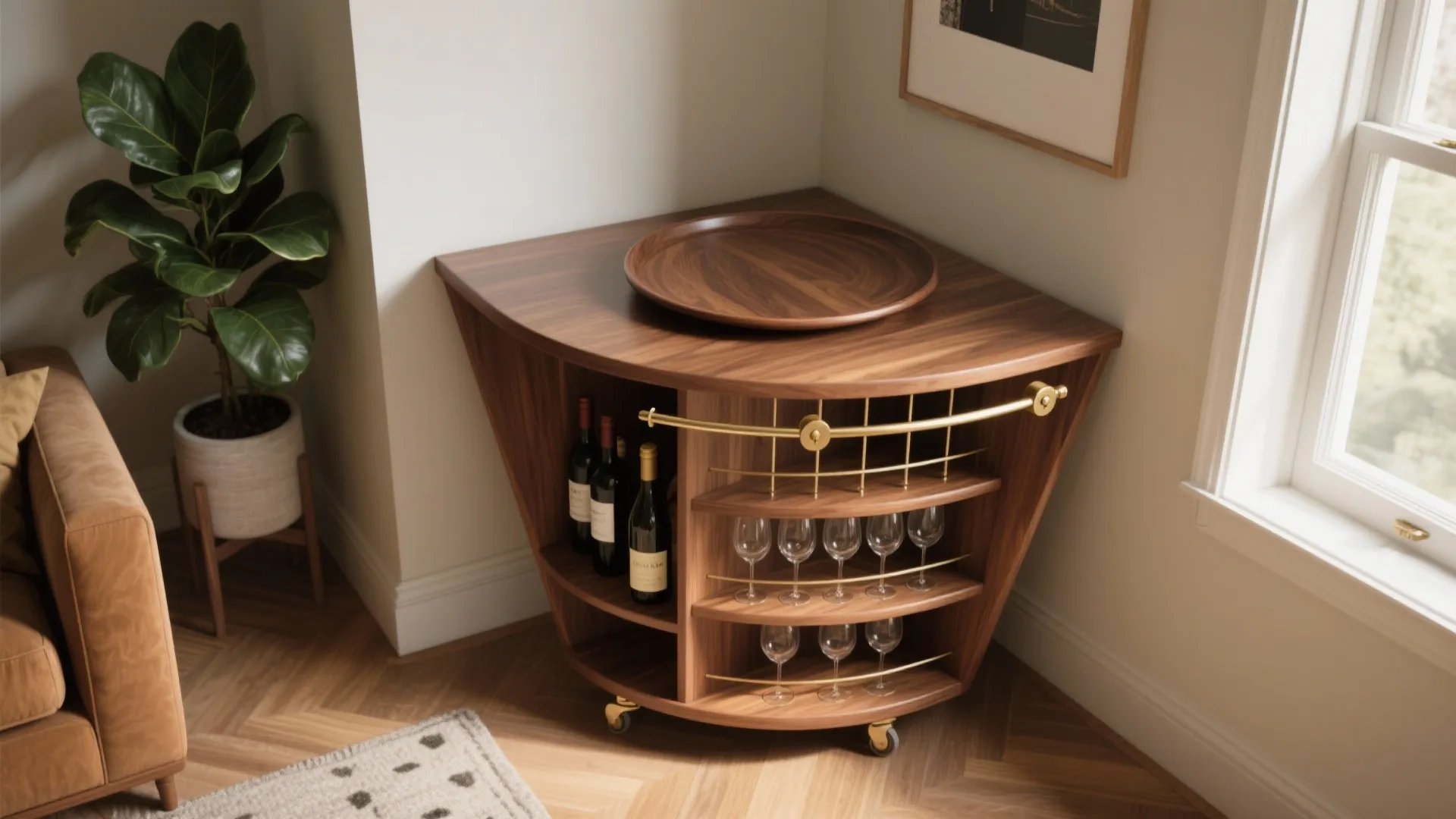 Pie-shaped custom corner bar cart with rotating trays and built-in glass racks in a cozy living room