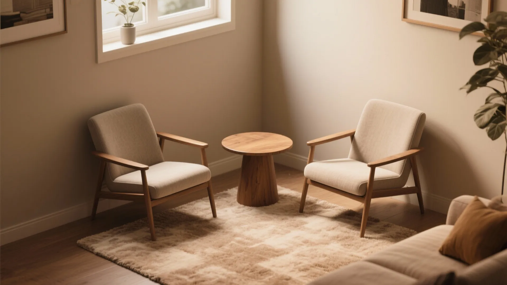 Simple seating area with two wooden chairs small round table soft rug and beige walls