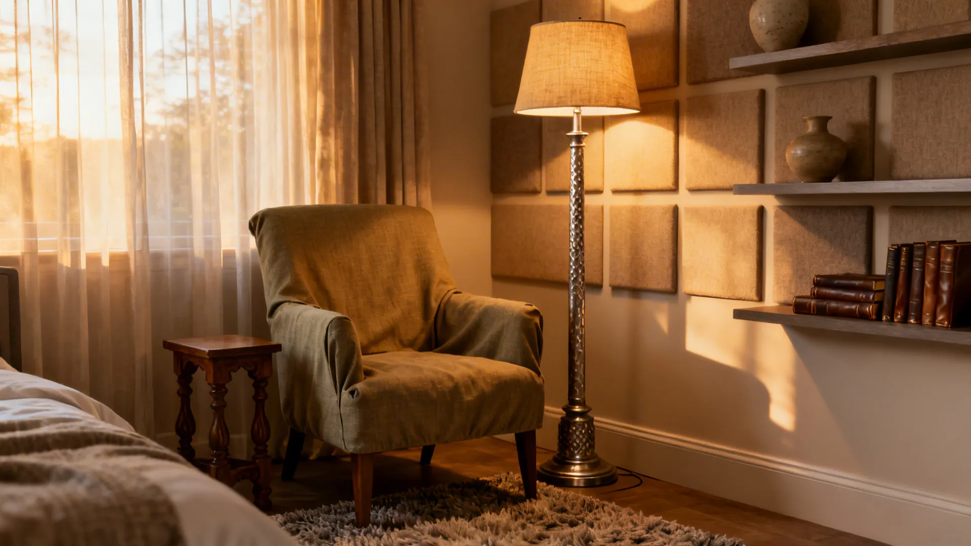 Corner armchair with floor lamp and small table on a textured rug in a bedroom corner.