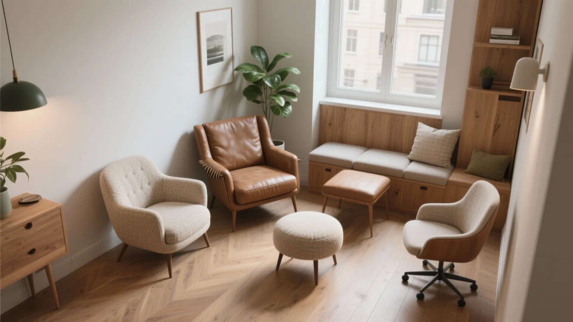 Modern room layout with leather sofa and cloth chairs arranged on a wooden chevron floor