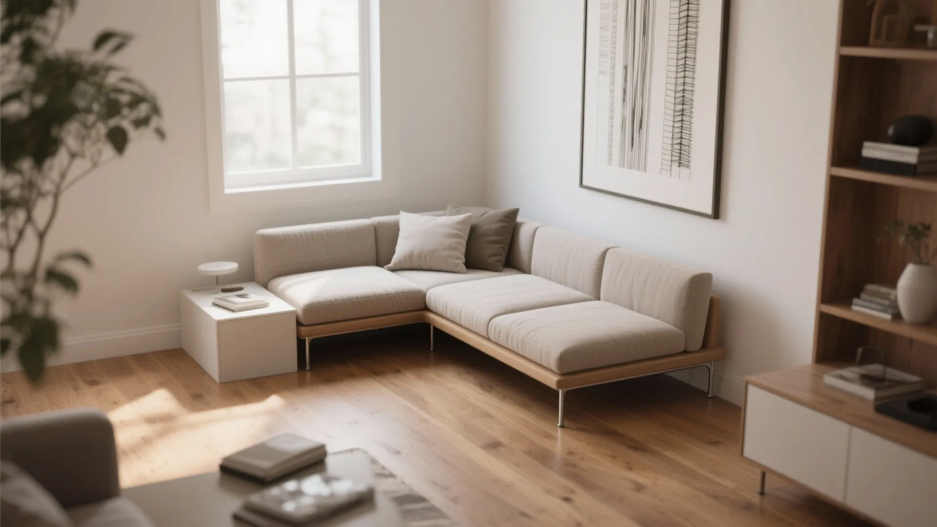 Beige corner sofa on wood flooring in bright room with window and tall wooden bookshelf