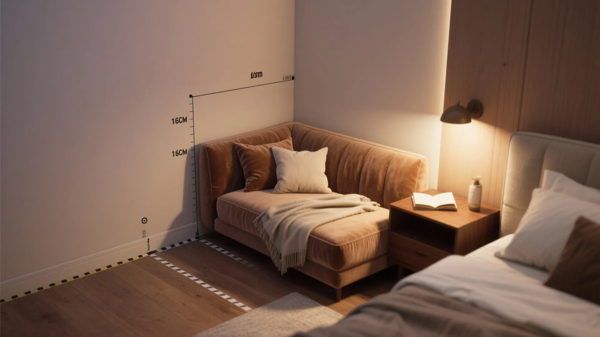 Before and after of a bedroom corner transformed with a small chaise daybed and cushions