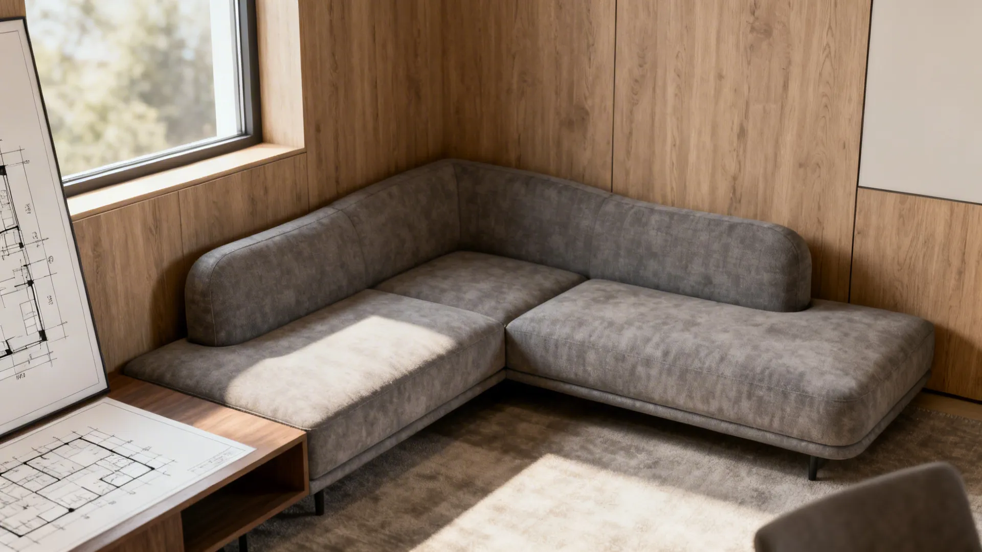 Corner chaise integrated with a two-seater sofa to create a space-saving sectional in a small living room.