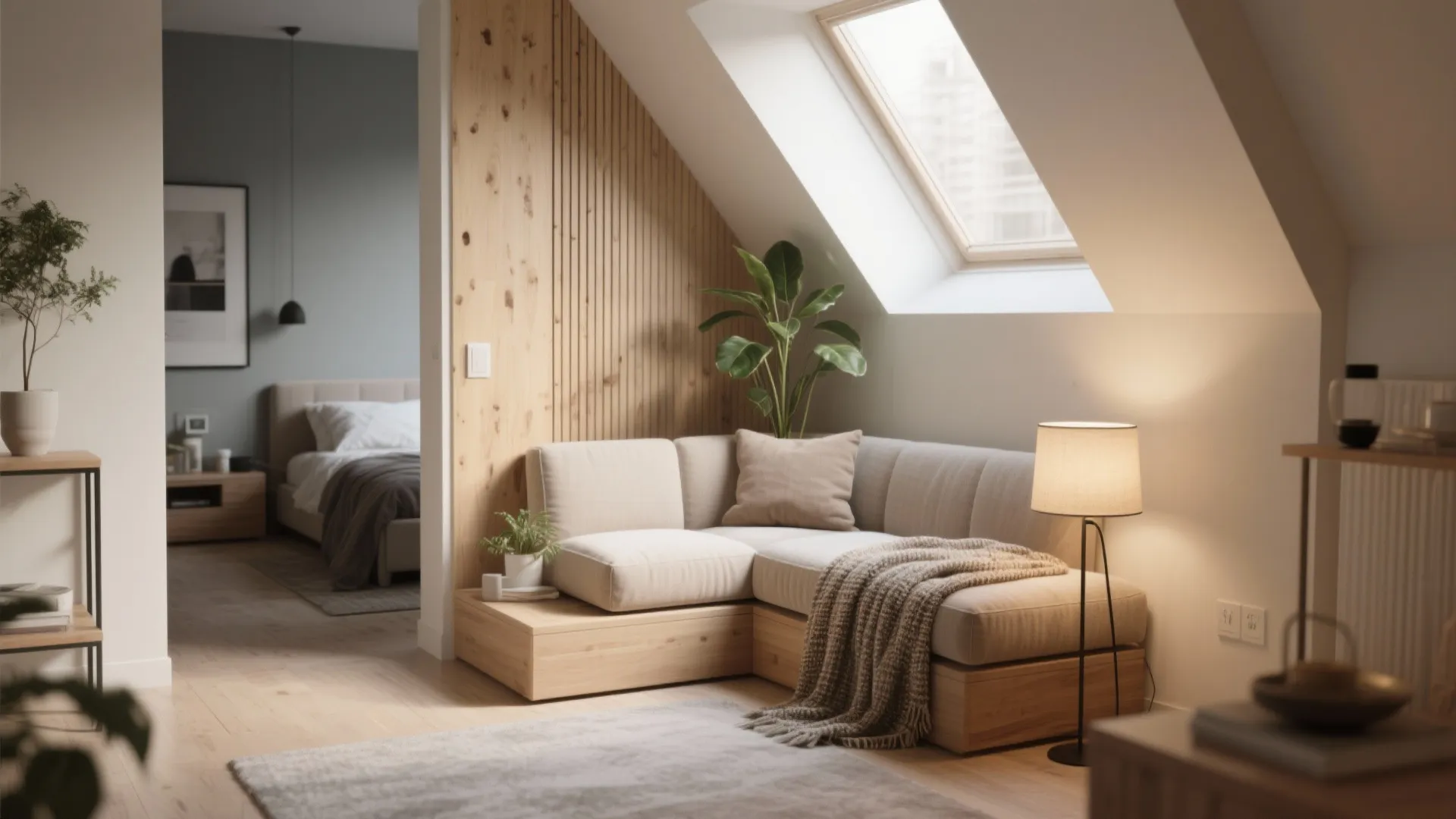 Cozy attic corner with small sofa wood wall panel plant floor lamp and large roof window