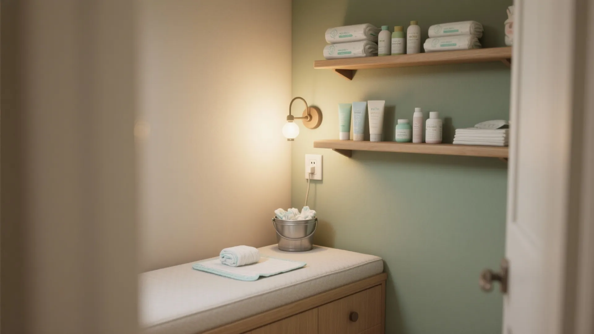 Corner changing nook with open shelving