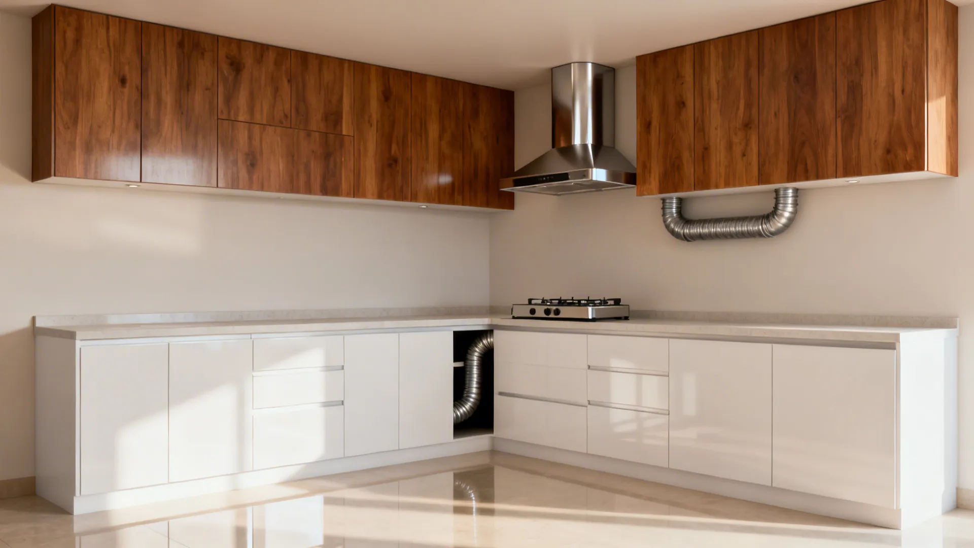 Corner-mounted stainless chimney integrated into an L-shaped Indian kitchen.