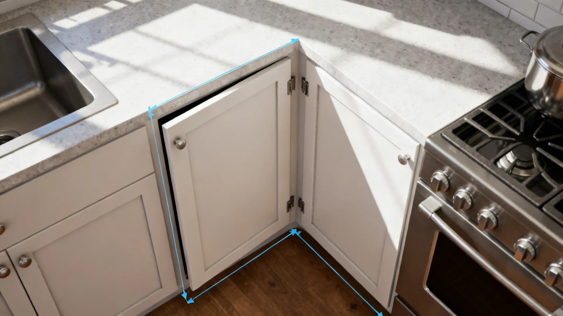 Top-down view of corner cabinet clearances and pull-out travel path near appliances.