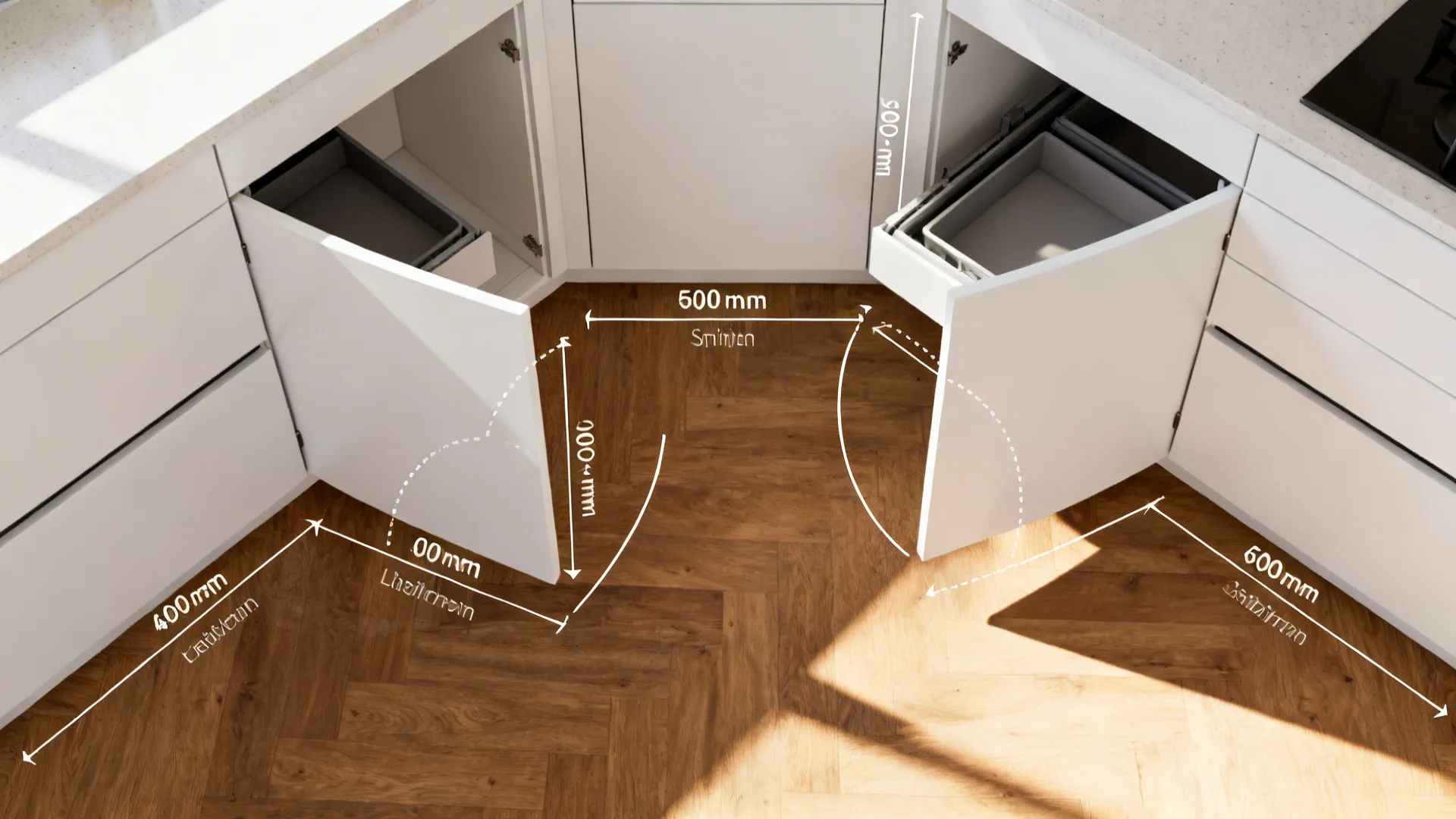 Top-down view of corner cabinet showing swing arcs and tray radius clearances.