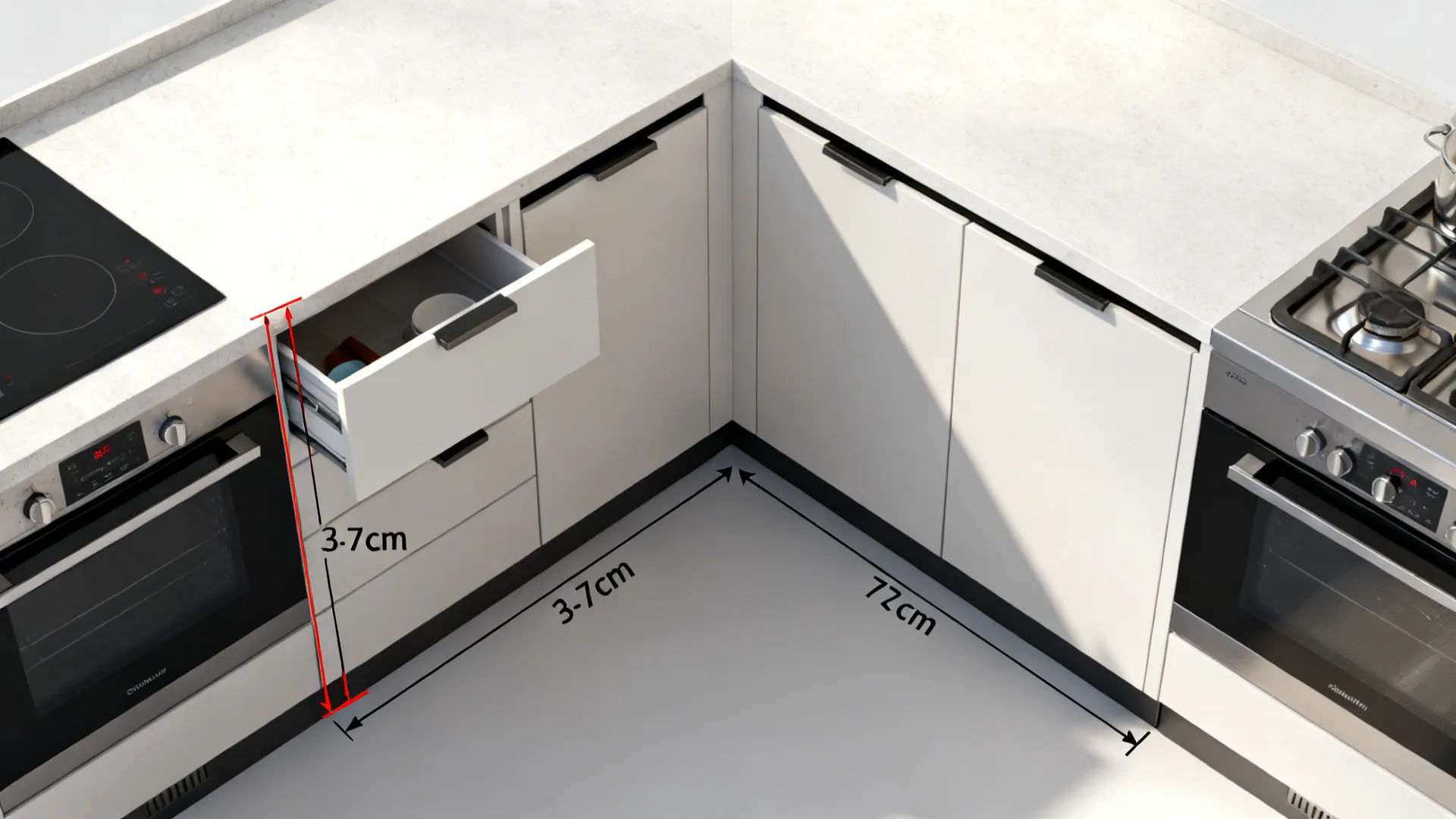 Top-down view of an L-shaped kitchen corner showing clearances around drawers and appliances.