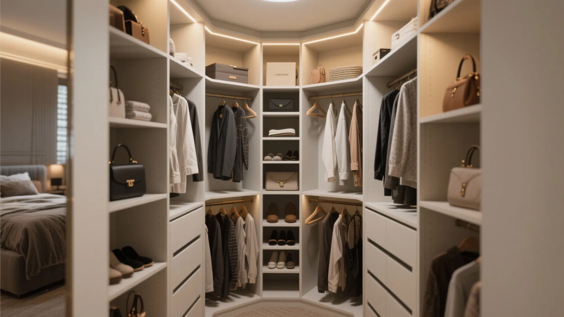 Corner walk-in closet design with white cabinets light strips hanging clothes shoes and handbags storage